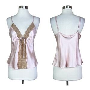 Vintage | Y2K Winter Silks Light Baby Pink Tan Lace Silk Tie Sexy Tank Top L EUC